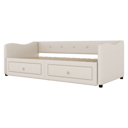 Cama de dia 90x200 cm - Cama extraível, sofá-cama com duas gavetas, linho, estilo minimalista, bege