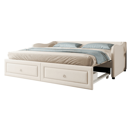 Cama de dia 90x200 cm - Cama extraível, sofá-cama com duas gavetas, linho, estilo minimalista, bege