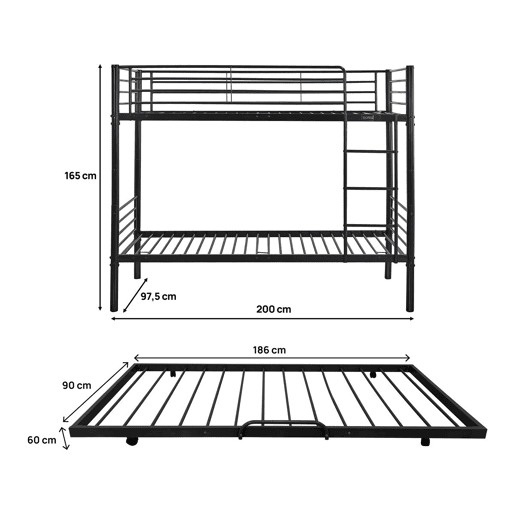 Beliche ADAM com gaveta auxiliar - 90 x 190 cm - Metal - Preto Beliche ADAM com gaveta auxiliar - 90 x 190 cm - Metal - Preto