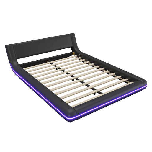 Cama plana 140x200 cm - Cama baixa, PU, luz ambiente LED, Preto