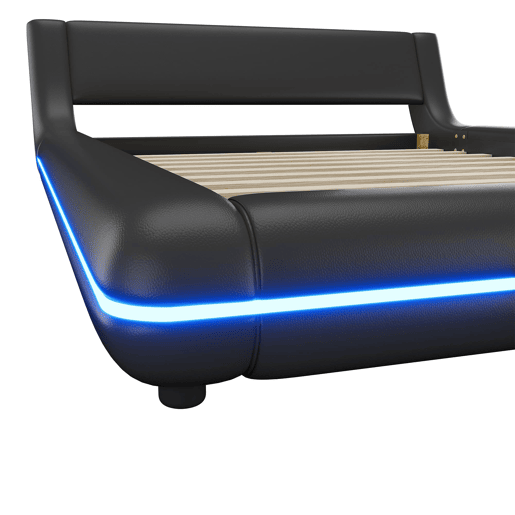 Cama plana 140x200 cm - Cama baixa, PU, luz ambiente LED, Preto