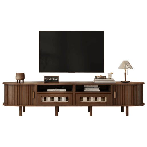 Móvel de TV ovalado 170x40x40 cm - Com 2 gavetas de rattan e 2 portas de correr - Nogueira escura
