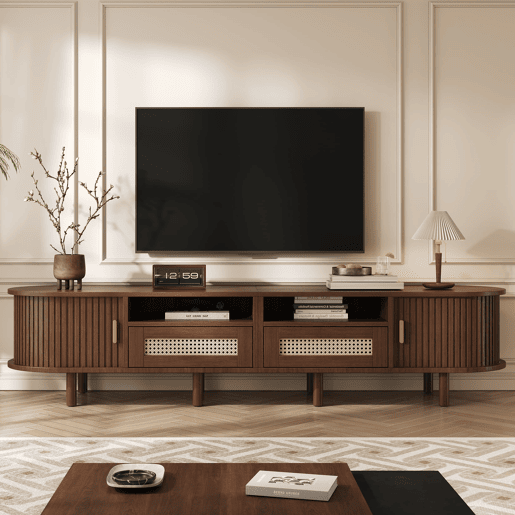 Móvel de TV ovalado 170x40x40 cm - Com 2 gavetas de rattan e 2 portas de correr - Nogueira escura