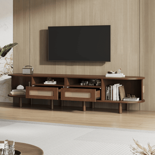 Móvel de TV ovalado 170x40x40 cm - Com 2 gavetas de rattan e 2 portas de correr - Nogueira escura
