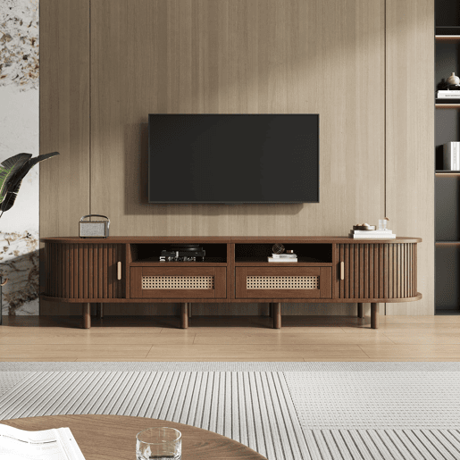 Móvel de TV ovalado 170x40x40 cm - Com 2 gavetas de rattan e 2 portas de correr - Nogueira escura