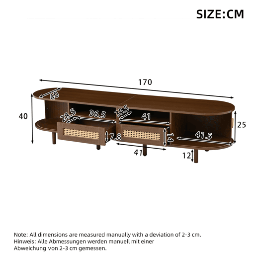 Móvel de TV ovalado 170x40x40 cm - Com 2 gavetas de rattan e 2 portas de correr - Nogueira escura