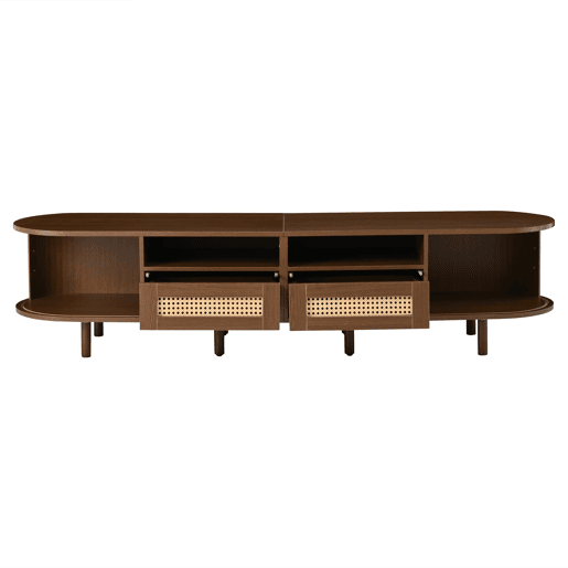 Móvel de TV ovalado 170x40x40 cm - Com 2 gavetas de rattan e 2 portas de correr - Nogueira escura