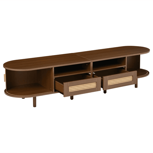 Móvel de TV ovalado 170x40x40 cm - Com 2 gavetas de rattan e 2 portas de correr - Nogueira escura
