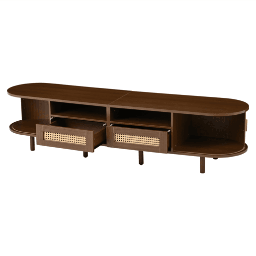 Móvel de TV ovalado 170x40x40 cm - Com 2 gavetas de rattan e 2 portas de correr - Nogueira escura