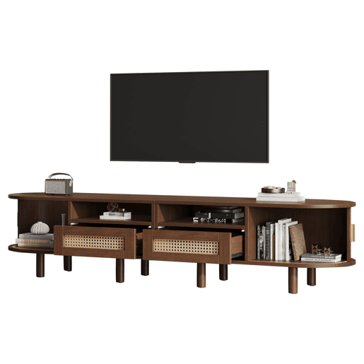 Móvel de TV ovalado 170x40x40 cm - Com 2 gavetas de rattan e 2 portas de correr - Nogueira escura