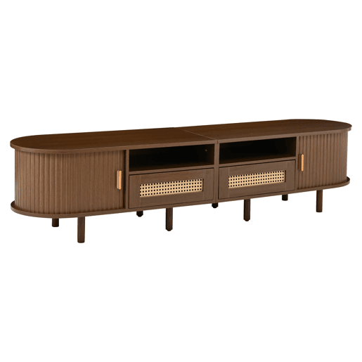 Móvel de TV ovalado 170x40x40 cm - Com 2 gavetas de rattan e 2 portas de correr - Nogueira escura