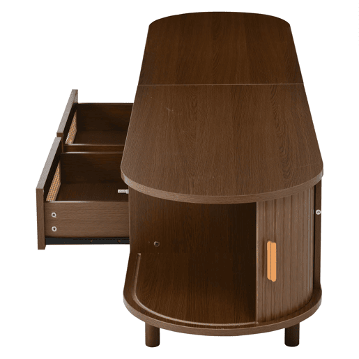 Móvel de TV ovalado 170x40x40 cm - Com 2 gavetas de rattan e 2 portas de correr - Nogueira escura