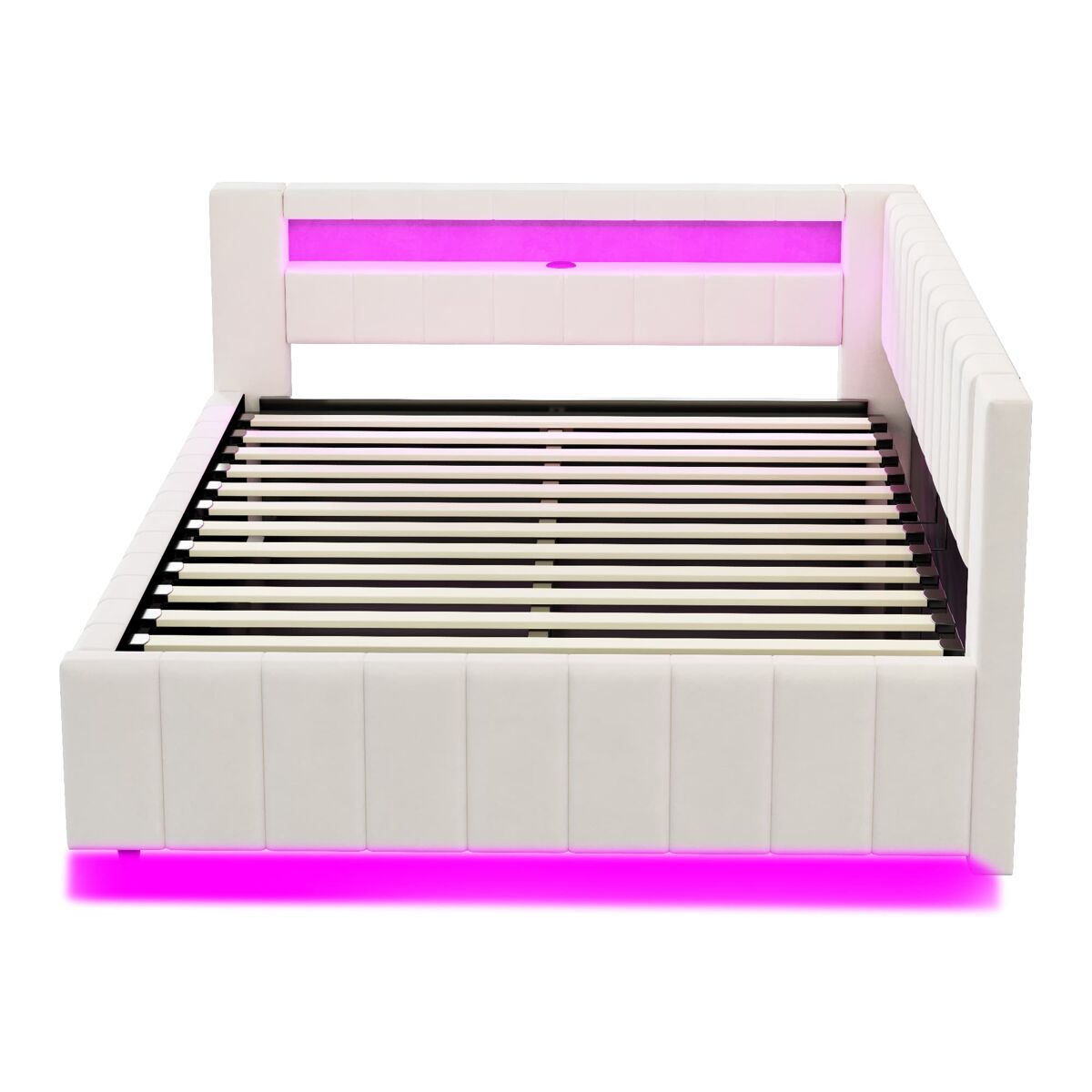 Sofá cama 140x200 - con almacenamiento hidráulico, luz led, puerto usb, respaldo y cabecero, tela de terciopelo beige