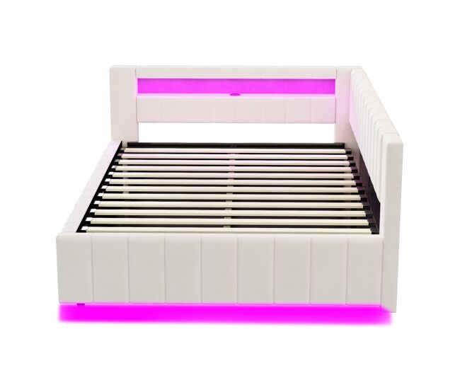 Sofá cama 140x200 - con almacenamiento hidráulico, luz led, puerto usb, respaldo y cabecero, tela de terciopelo beige