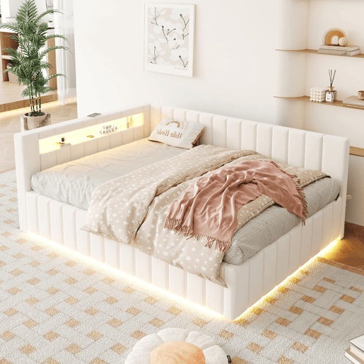 Sofá-cama 140x200 - Com armazenamento hidráulico, luz LED, porta USB, encosto e cabeceira, tecido de veludo bege Sofá-cama 140x200 - Com armazenamento hidráulico, luz LED, porta USB, encosto e cabeceira, tecido de veludo bege