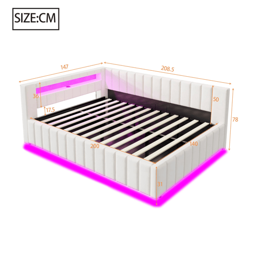 Sofá-cama 140x200 - Com armazenamento hidráulico, luz LED, porta USB, encosto e cabeceira, tecido de veludo bege Sofá-cama 140x200 - Com armazenamento hidráulico, luz LED, porta USB, encosto e cabeceira, tecido de veludo bege