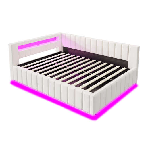 Sofá-cama 140x200 - Com armazenamento hidráulico, luz LED, porta USB, encosto e cabeceira, tecido de veludo bege Sofá-cama 140x200 - Com armazenamento hidráulico, luz LED, porta USB, encosto e cabeceira, tecido de veludo bege