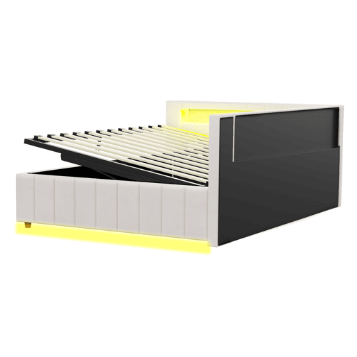 Sofá-cama 140x200 - Com armazenamento hidráulico, luz LED, porta USB, encosto e cabeceira, tecido de veludo bege Sofá-cama 140x200 - Com armazenamento hidráulico, luz LED, porta USB, encosto e cabeceira, tecido de veludo bege
