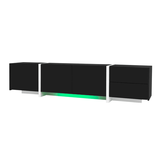 Móvel de TV baixo - com portas, gavetas e luz LED - preto e branco