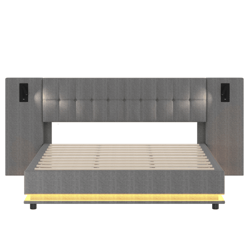 Cama estofada 180x200 cm - Com faixa LED, cabeceira com spot, USB, sem colchão, linho, cinza