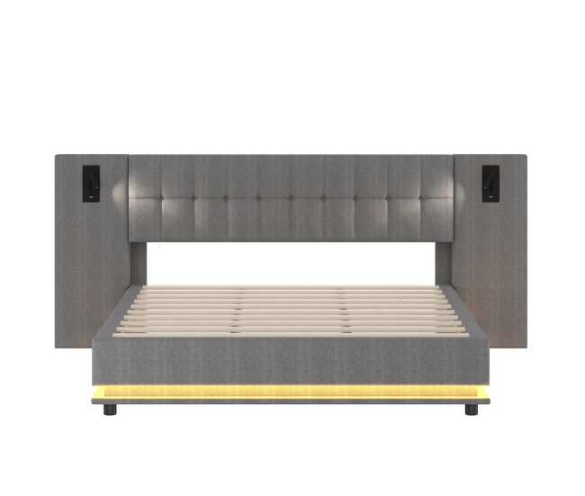 Cama tapizada 180x200 cm - con tira led, cabecera con spot, usb, sin colchón, lino, gris