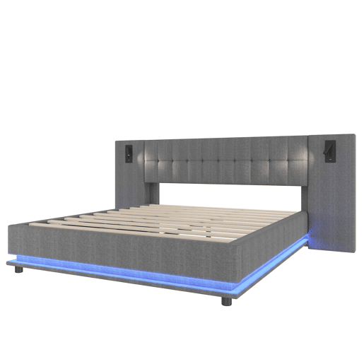 Cama estofada 180x200 cm - Com faixa LED, cabeceira com spot, USB, sem colchão, linho, cinza