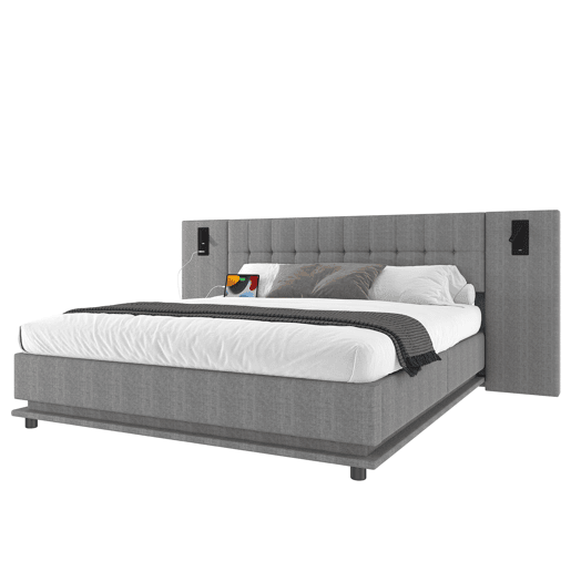 Cama estofada 180x200 cm - Com faixa LED, cabeceira com spot, USB, sem colchão, linho, cinza