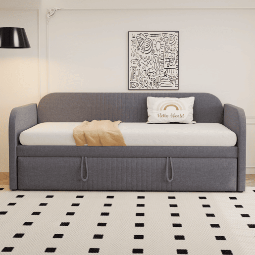 Sofá-cama 90180*190 cm - Com riscas verticais, com estrado, multifuncional, linho, cinzento