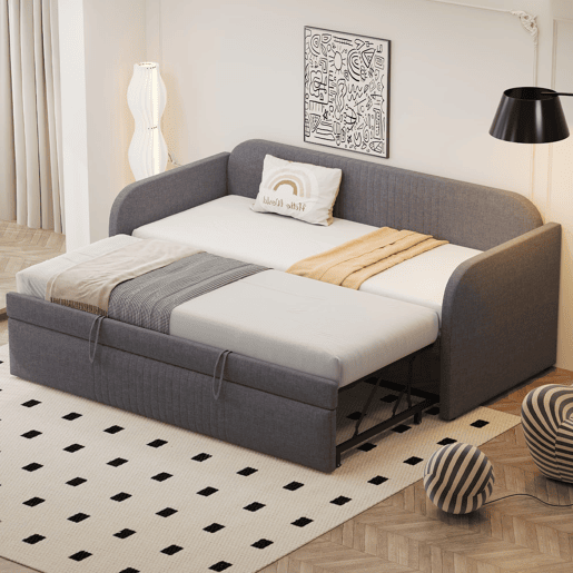 Sofá-cama 90180*190 cm - Com riscas verticais, com estrado, multifuncional, linho, cinzento