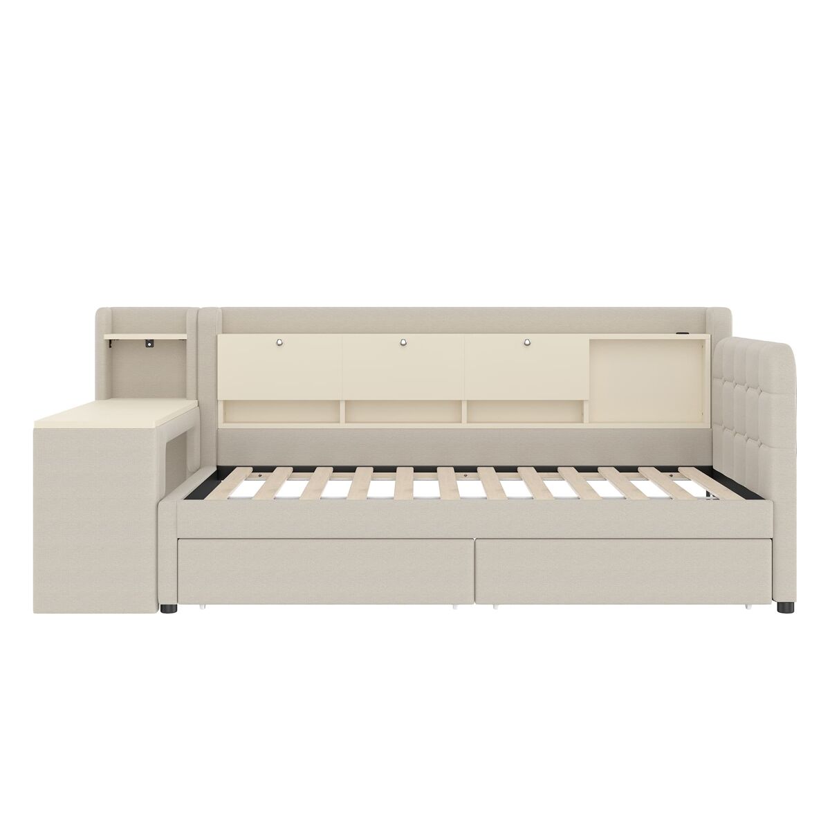 Daybett 90x200 cm - sofá cama con 2 cajones, escritorio, usb + tipo c, almacenamiento, lino, beige