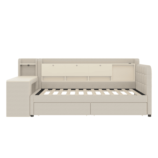 Daybett 90x200 cm - Sofá-cama com 2 gavetas, secretária, USB + Tipo C, arrumação, linho, bege Daybett 90x200 cm - Sofá-cama com 2 gavetas, secretária, USB + Tipo C, arrumação, linho, bege