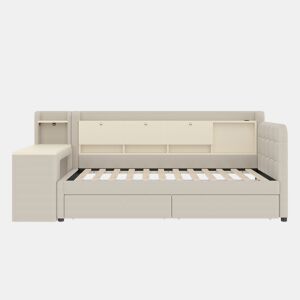 Daybett 90x200 cm - Sofá-cama com 2 gavetas, secretária, USB + Tipo C, arrumação, linho, bege