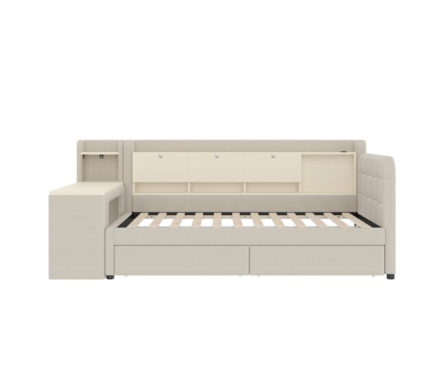 Daybett 90x200 cm - sofá cama con 2 cajones, escritorio, usb + tipo c, almacenamiento, lino, beige