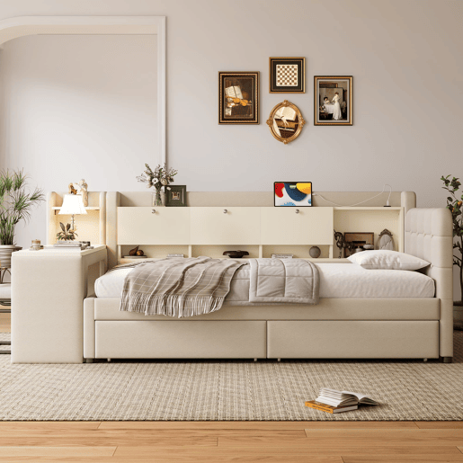 Daybett 90x200 cm - Sofá-cama com 2 gavetas, secretária, USB + Tipo C, arrumação, linho, bege Daybett 90x200 cm - Sofá-cama com 2 gavetas, secretária, USB + Tipo C, arrumação, linho, bege