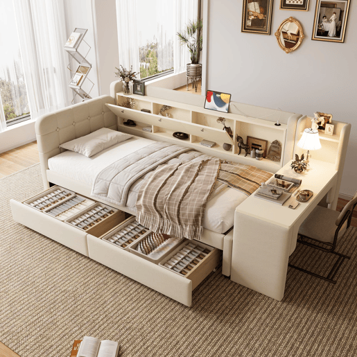 Daybett 90x200 cm - Sofá-cama com 2 gavetas, secretária, USB + Tipo C, arrumação, linho, bege Daybett 90x200 cm - Sofá-cama com 2 gavetas, secretária, USB + Tipo C, arrumação, linho, bege