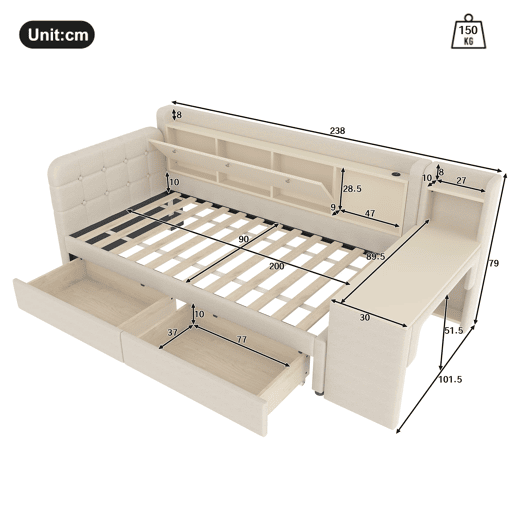 Daybett 90x200 cm - Sofá-cama com 2 gavetas, secretária, USB + Tipo C, arrumação, linho, bege Daybett 90x200 cm - Sofá-cama com 2 gavetas, secretária, USB + Tipo C, arrumação, linho, bege
