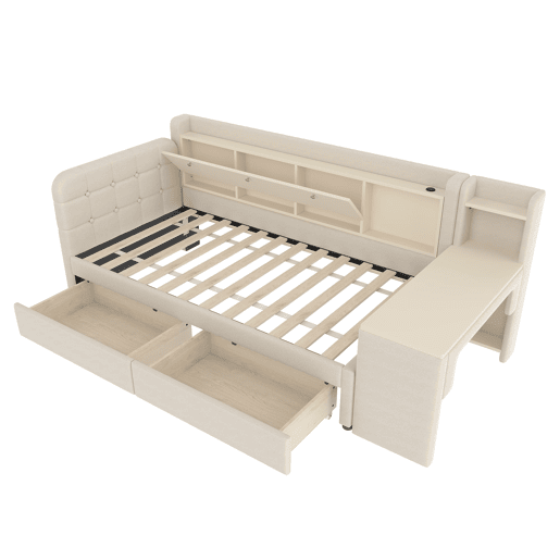 Daybett 90x200 cm - Sofá-cama com 2 gavetas, secretária, USB + Tipo C, arrumação, linho, bege Daybett 90x200 cm - Sofá-cama com 2 gavetas, secretária, USB + Tipo C, arrumação, linho, bege
