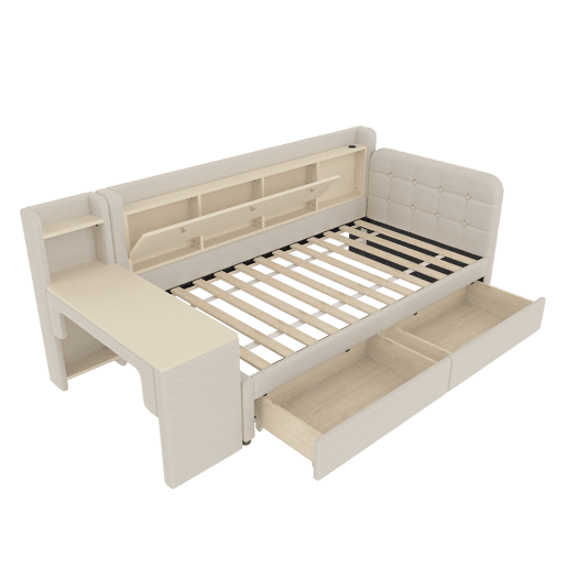 Daybett 90x200 cm - Sofá-cama com 2 gavetas, secretária, USB + Tipo C, arrumação, linho, bege Daybett 90x200 cm - Sofá-cama com 2 gavetas, secretária, USB + Tipo C, arrumação, linho, bege