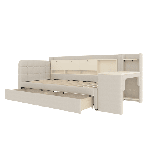 Daybett 90x200 cm - Sofá-cama com 2 gavetas, secretária, USB + Tipo C, arrumação, linho, bege Daybett 90x200 cm - Sofá-cama com 2 gavetas, secretária, USB + Tipo C, arrumação, linho, bege