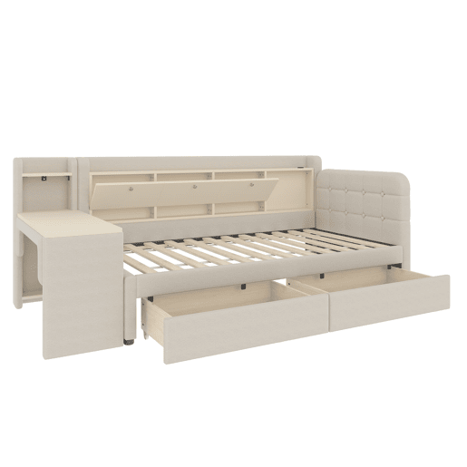 Daybett 90x200 cm - Sofá-cama com 2 gavetas, secretária, USB + Tipo C, arrumação, linho, bege Daybett 90x200 cm - Sofá-cama com 2 gavetas, secretária, USB + Tipo C, arrumação, linho, bege