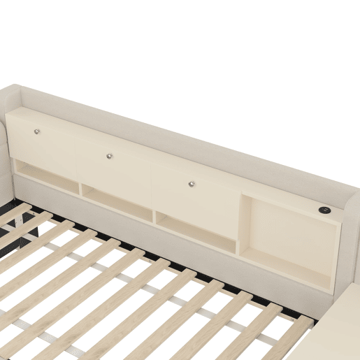 Daybett 90x200 cm - Sofá-cama com 2 gavetas, secretária, USB + Tipo C, arrumação, linho, bege Daybett 90x200 cm - Sofá-cama com 2 gavetas, secretária, USB + Tipo C, arrumação, linho, bege