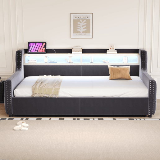 Sofá-cama 90x200 cm - Com armazenamento hidráulico, encosto e braços grossos, com LED e tomada - Cinza escuro