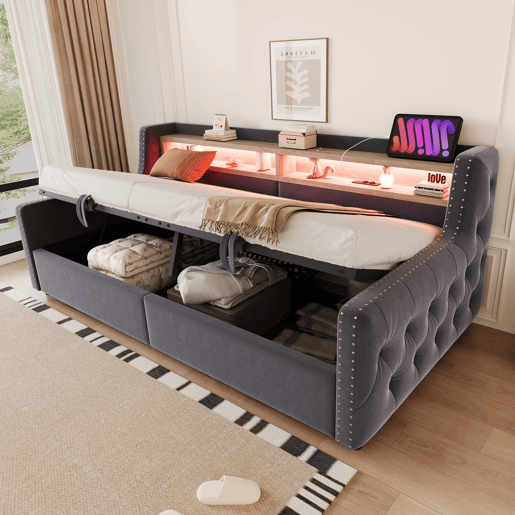 Sofá-cama 90x200 cm - Com armazenamento hidráulico, encosto e braços grossos, com LED e tomada - Cinza escuro