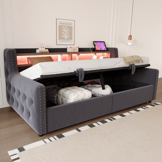 Sofá-cama 90x200 cm - Com armazenamento hidráulico, encosto e braços grossos, com LED e tomada - Cinza escuro