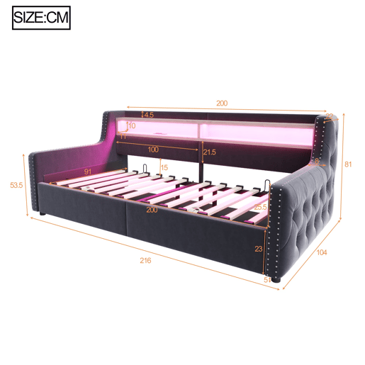 Sofá-cama 90x200 cm - Com armazenamento hidráulico, encosto e braços grossos, com LED e tomada - Cinza escuro