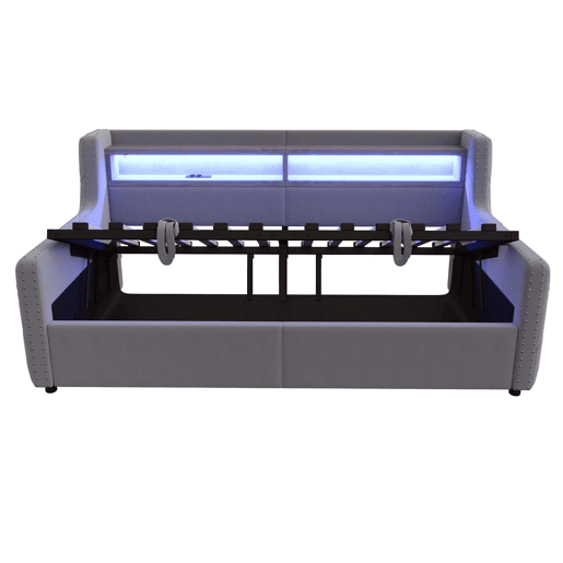 Sofá-cama 90x200 cm - Com armazenamento hidráulico, encosto e braços grossos, com LED e tomada - Cinza escuro