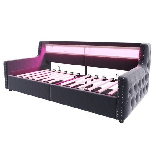 Sofá-cama 90x200 cm - Com armazenamento hidráulico, encosto e braços grossos, com LED e tomada - Cinza escuro