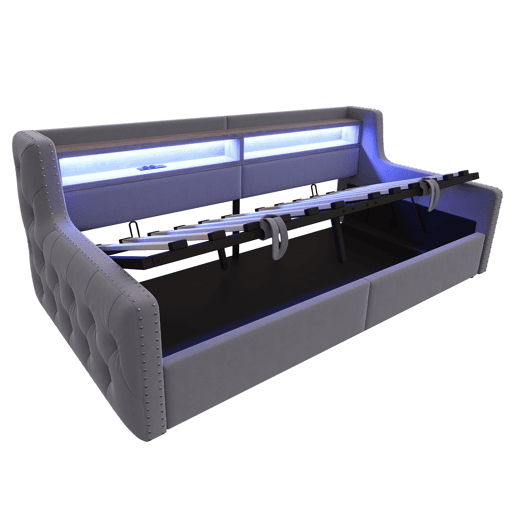 Sofá-cama 90x200 cm - Com armazenamento hidráulico, encosto e braços grossos, com LED e tomada - Cinza escuro