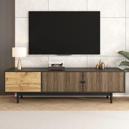 Móvel de TV - Características de portas com design ondulado e 3 gavetas - Preto e Natural