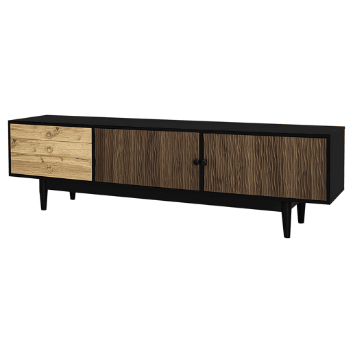 Móvel de TV - Características de portas com design ondulado e 3 gavetas - Preto e Natural